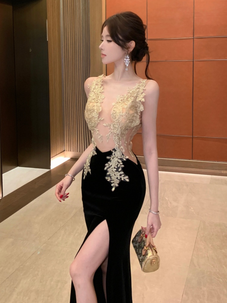 Hollow split perspective formal dress sling splice sexy dress