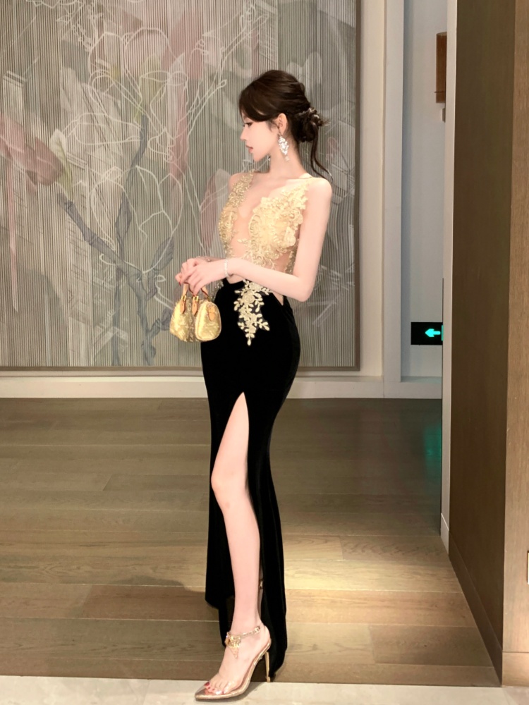 Hollow split perspective formal dress sling splice sexy dress