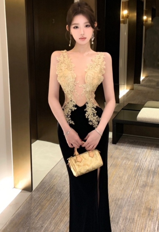 Hollow split perspective formal dress sling splice sexy dress