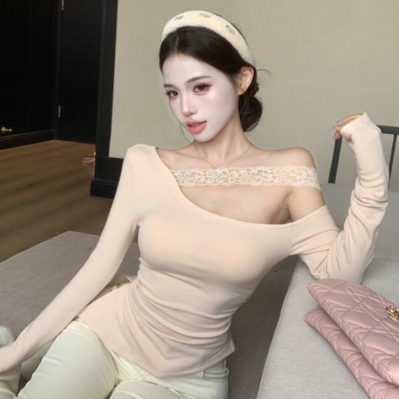 Korean style lace long sleeve splice strapless tops