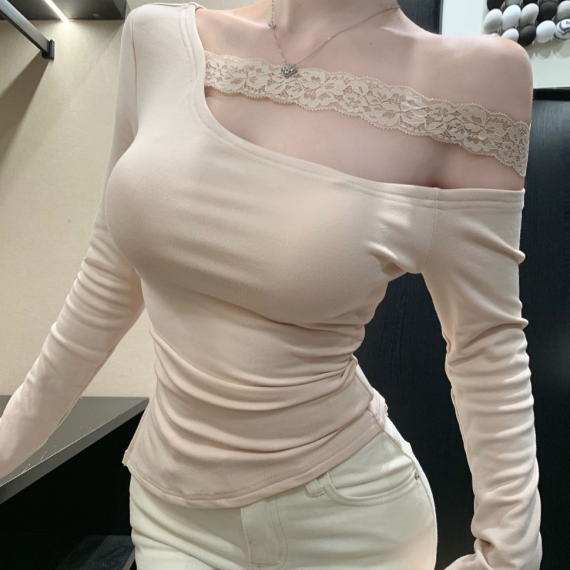 Korean style lace long sleeve splice strapless tops