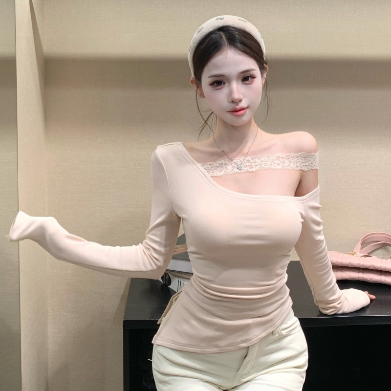 Korean style lace long sleeve splice strapless tops