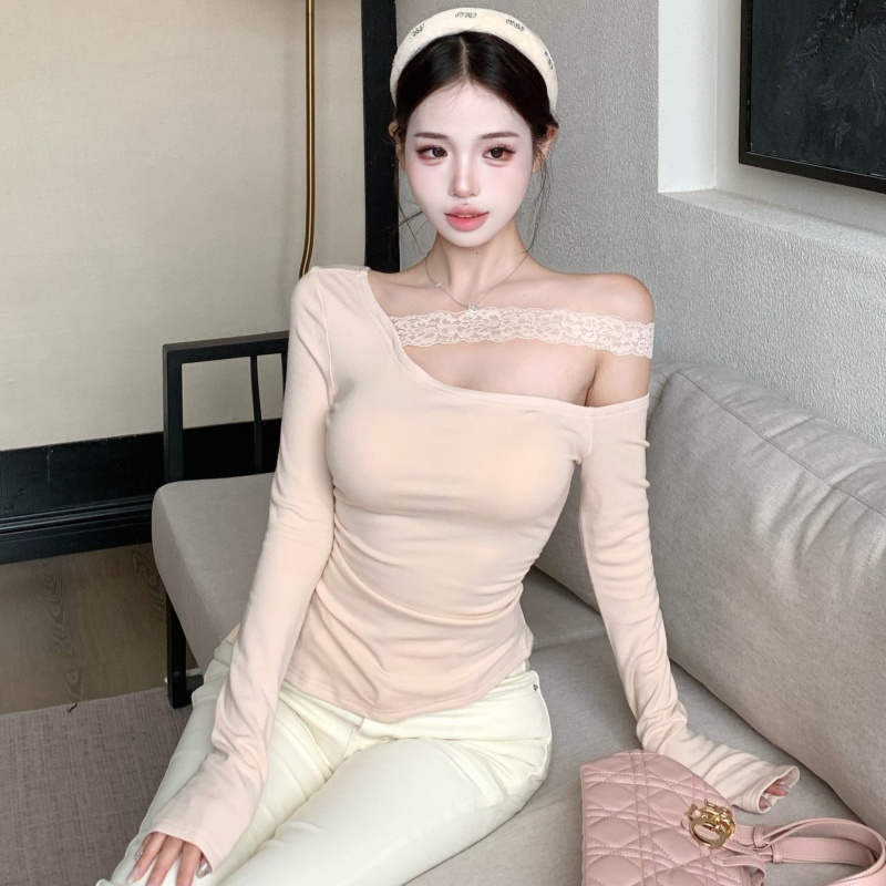 Korean style lace long sleeve splice strapless tops