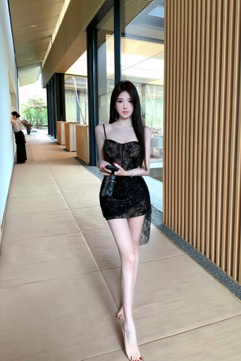 Lace spicegirl slim package hip sequins sling dress