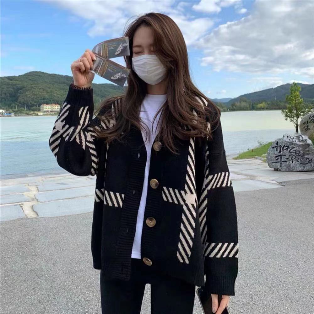 Loose lazy knitted cardigan black Korean style coat for women
