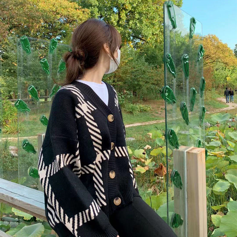 Loose lazy knitted cardigan black Korean style coat for women