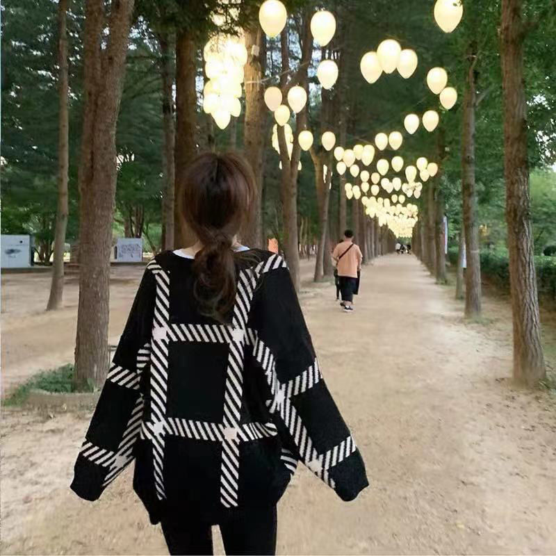 Loose lazy knitted cardigan black Korean style coat for women