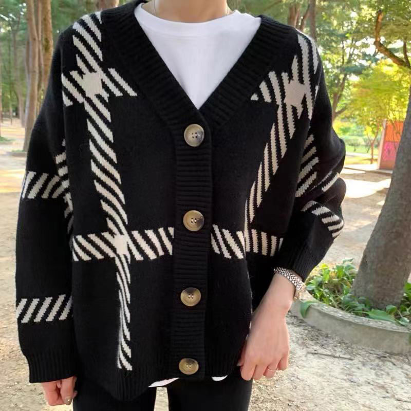 Loose lazy knitted cardigan black Korean style coat for women
