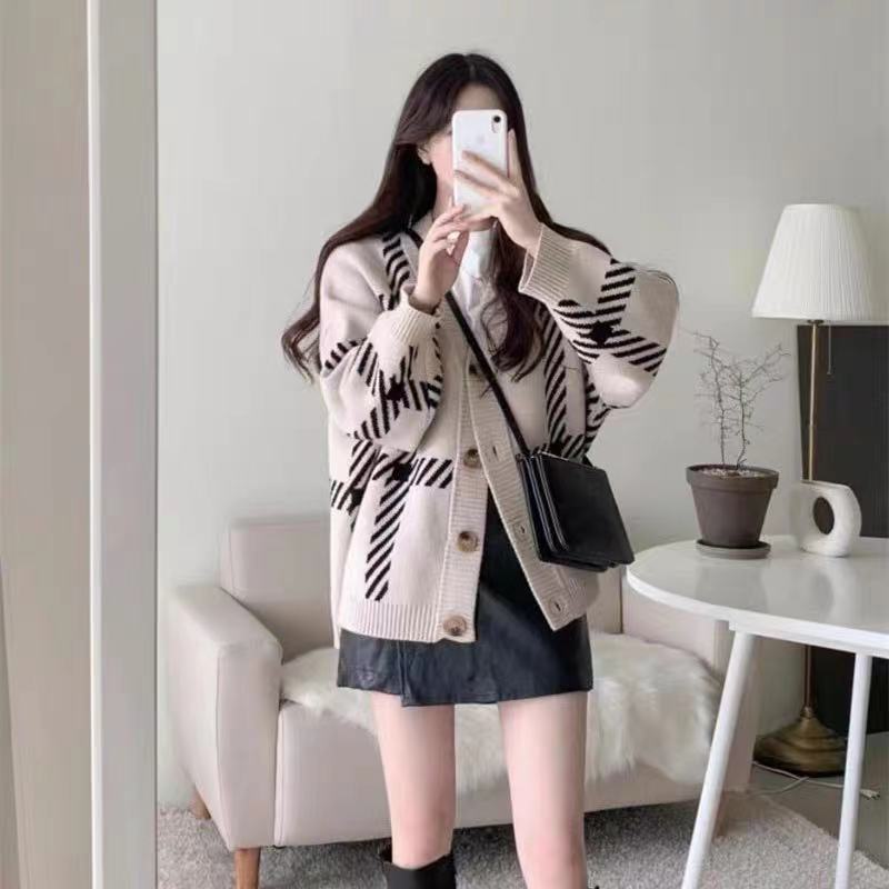 Loose lazy knitted cardigan black Korean style coat for women