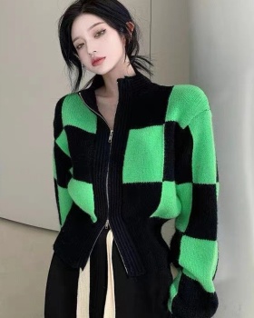 Plaid cstand collar tops zip autumn and winter coat for women