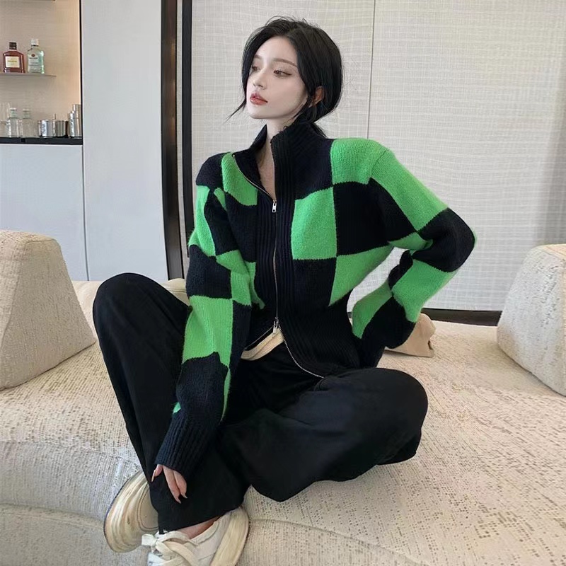 Plaid cstand collar tops zip autumn and winter coat for women