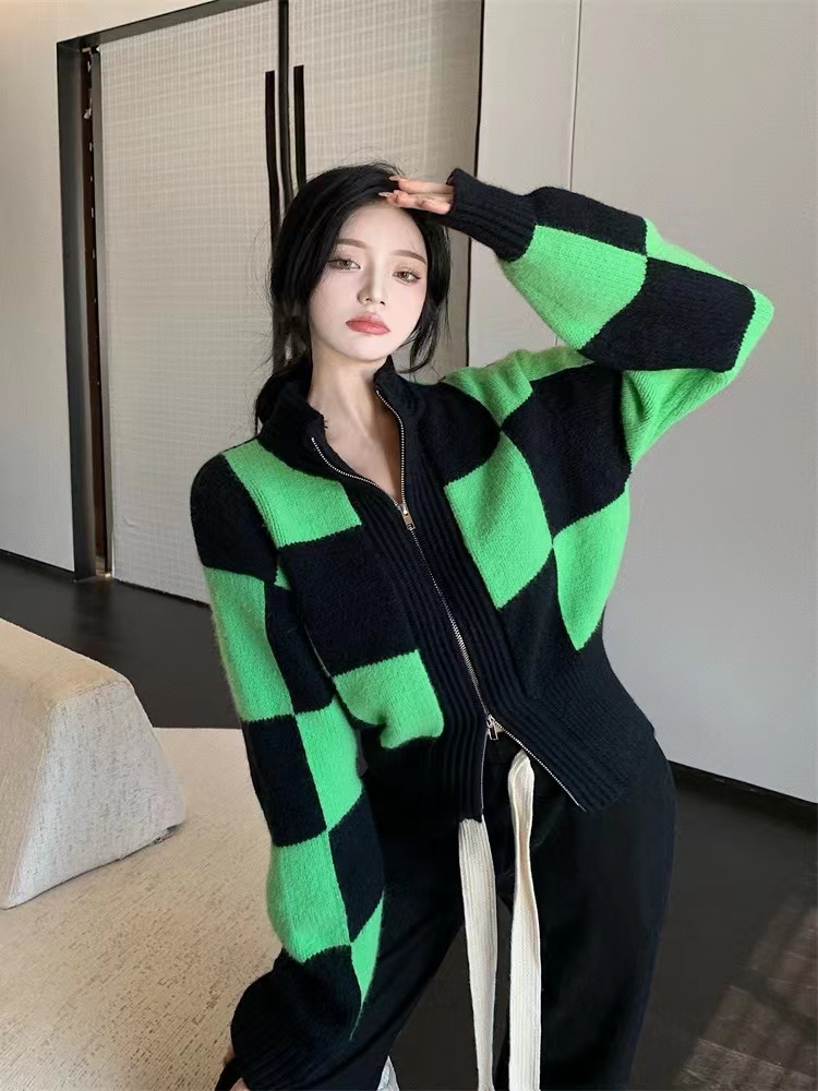 Plaid cstand collar tops zip autumn and winter coat for women