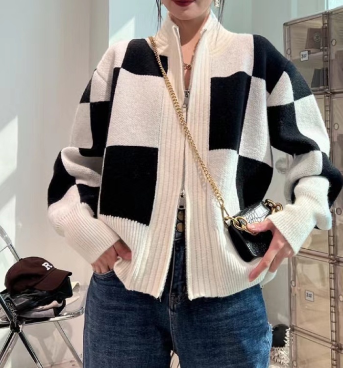 Plaid cstand collar tops zip autumn and winter coat for women