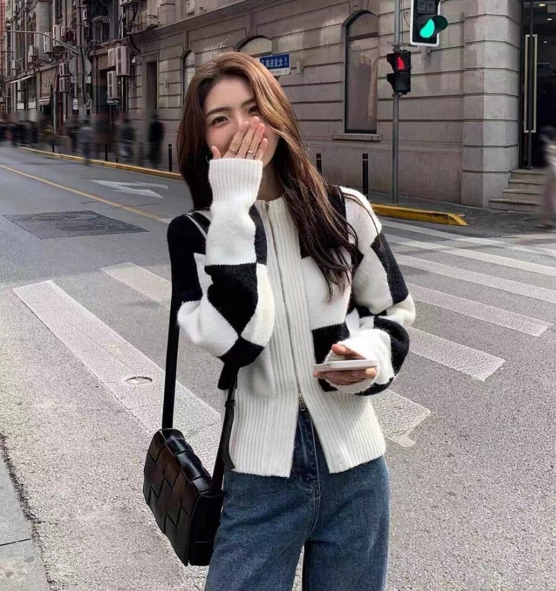 Plaid cstand collar tops zip autumn and winter coat for women