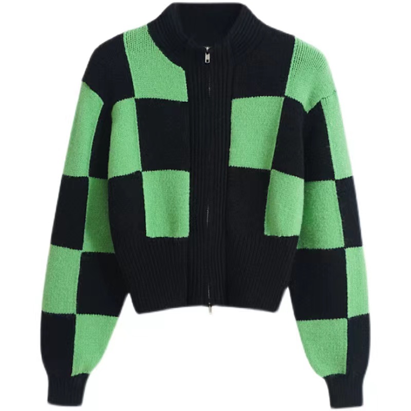 Plaid cstand collar tops zip autumn and winter coat for women