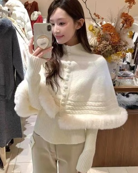Fox fur twist shawl cuff high collar sweater for women