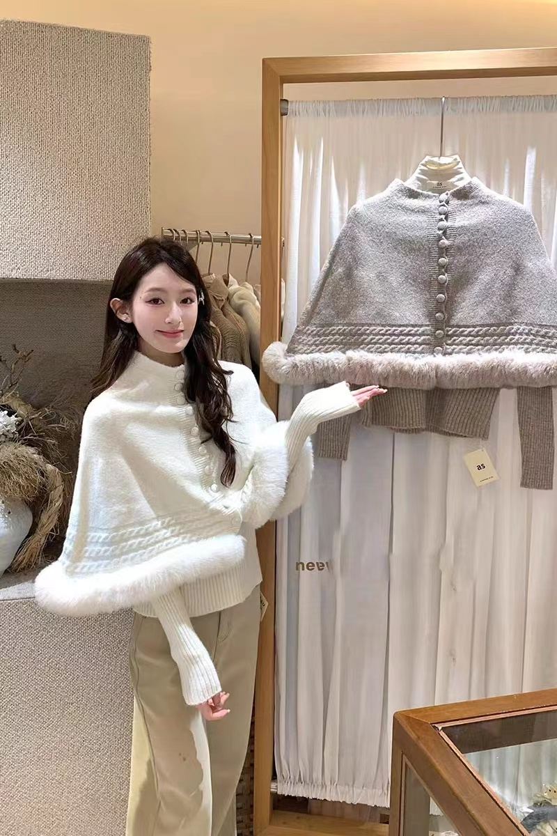 Fox fur twist shawl cuff high collar sweater for women