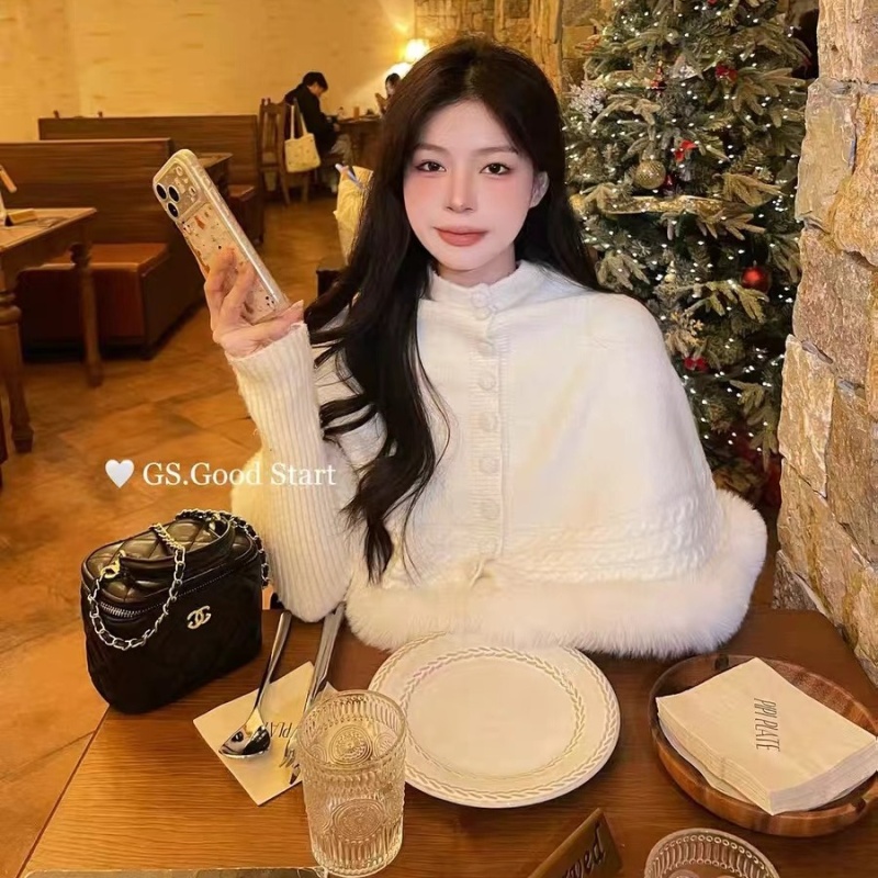 Fox fur twist shawl cuff high collar sweater for women