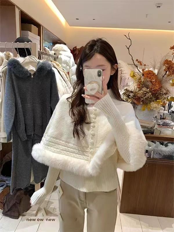 Fox fur twist shawl cuff high collar sweater for women