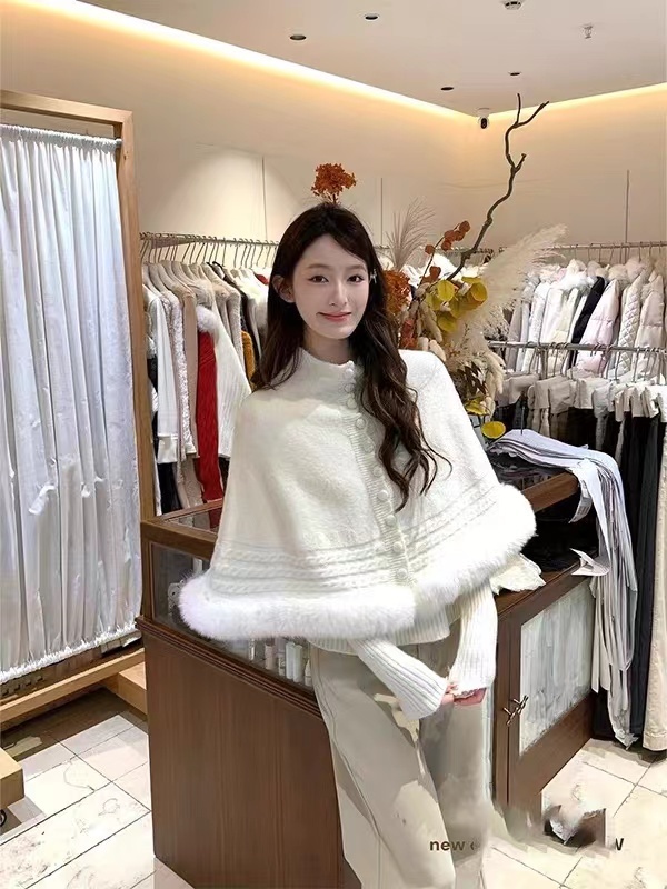 Fox fur twist shawl cuff high collar sweater for women