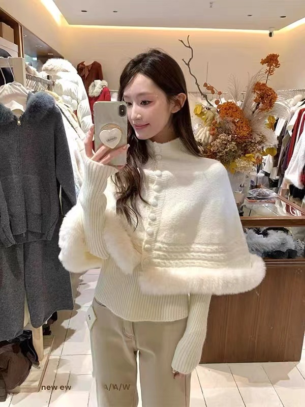 Fox fur twist shawl cuff high collar sweater for women