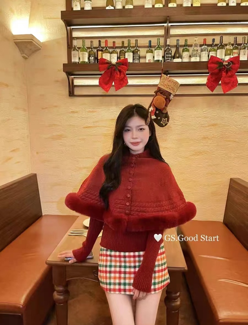 Fox fur twist shawl cuff high collar sweater for women