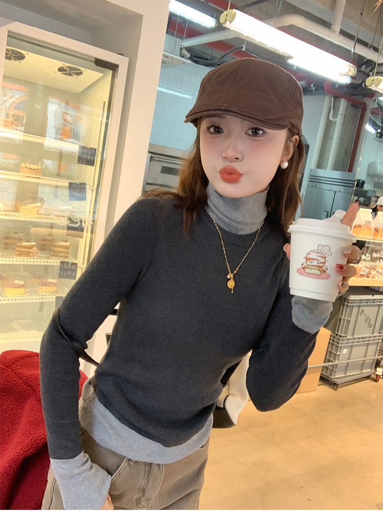 Pseudo-two sweater gray bottoming shirt for women