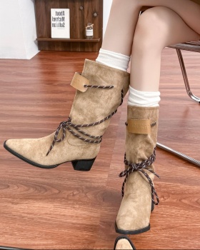All-match bandage thick boots retro denim thigh boots