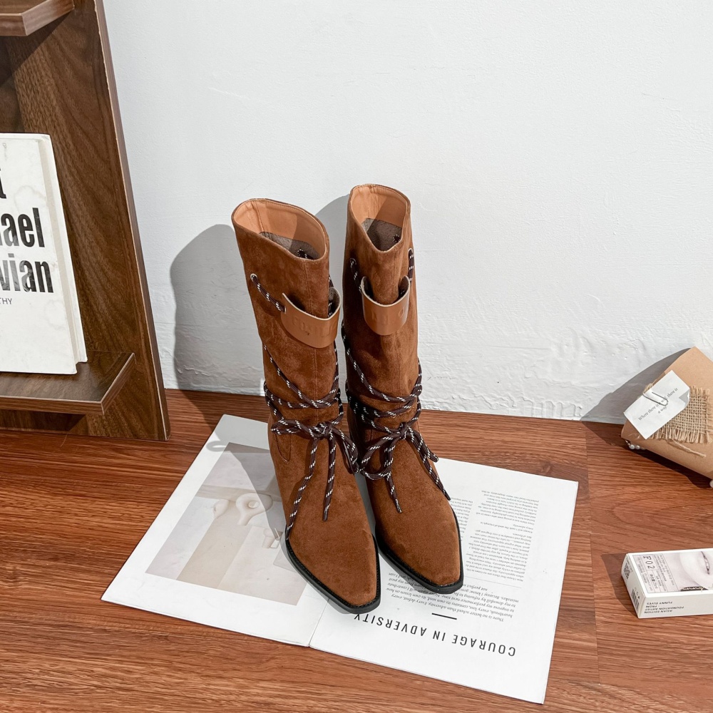 All-match bandage thick boots retro denim thigh boots