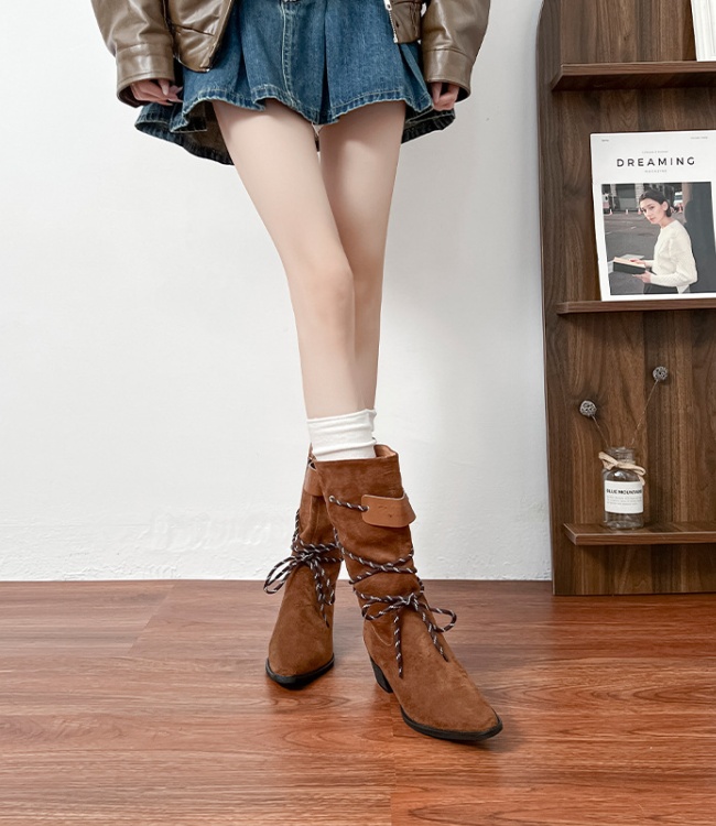 All-match bandage thick boots retro denim thigh boots
