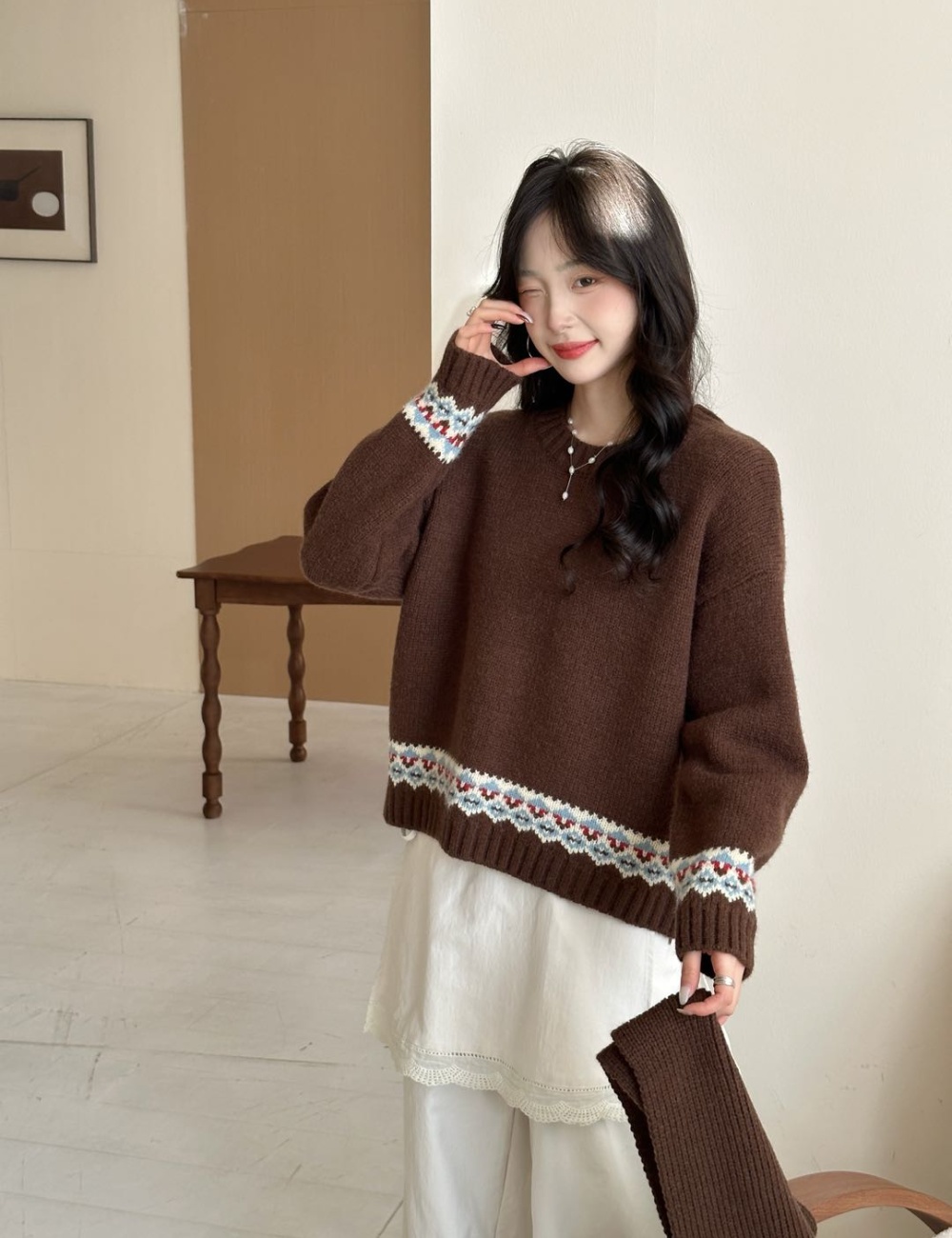 Red christmas scarves round neck retro sweater for women