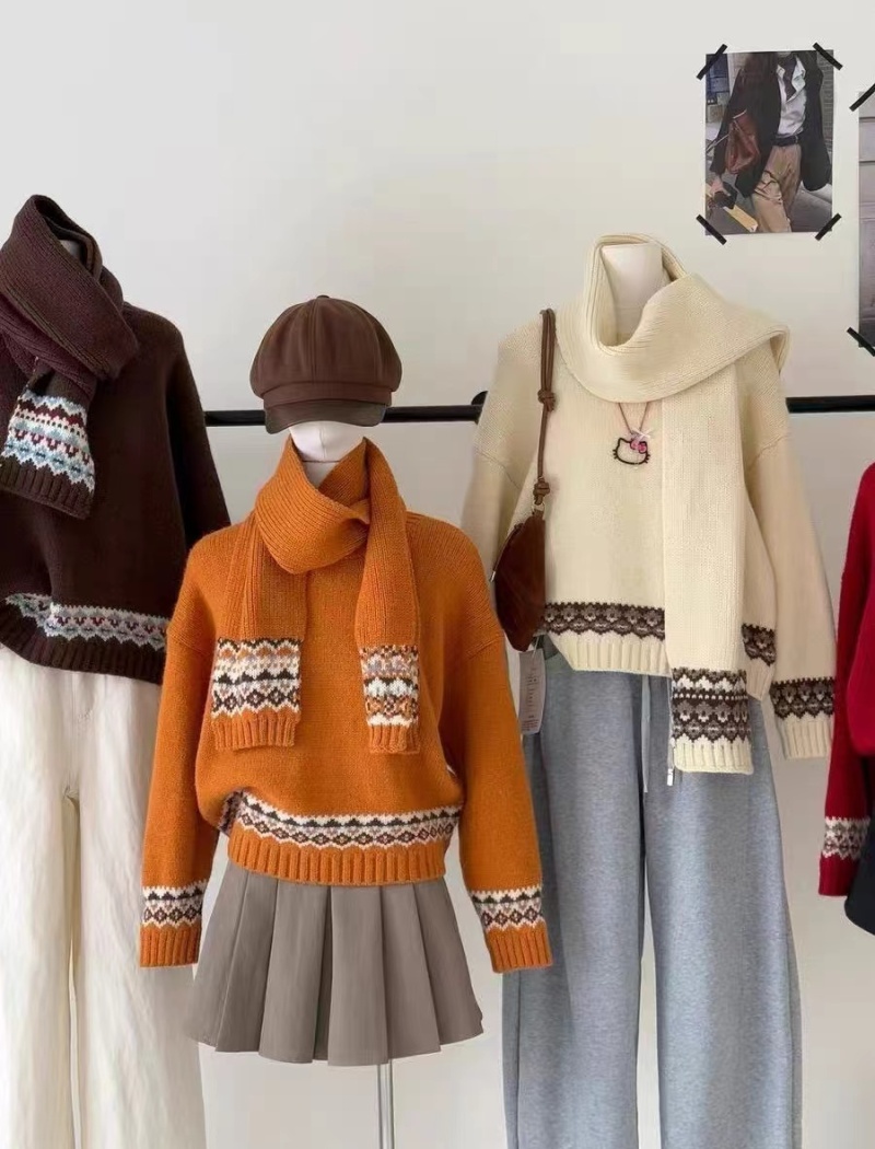 Red christmas scarves round neck retro sweater for women