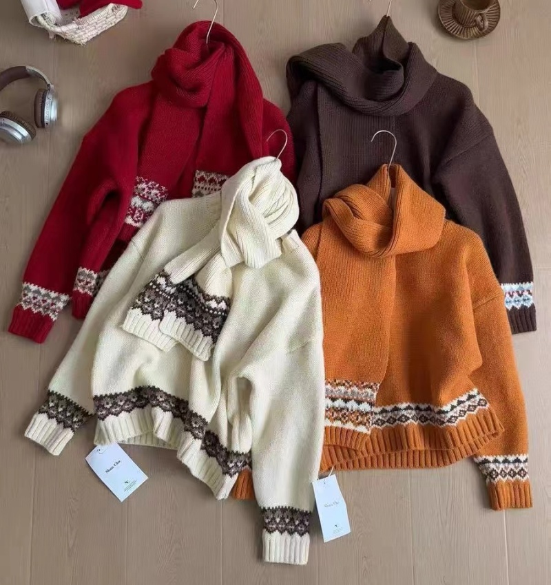 Red christmas scarves round neck retro sweater for women