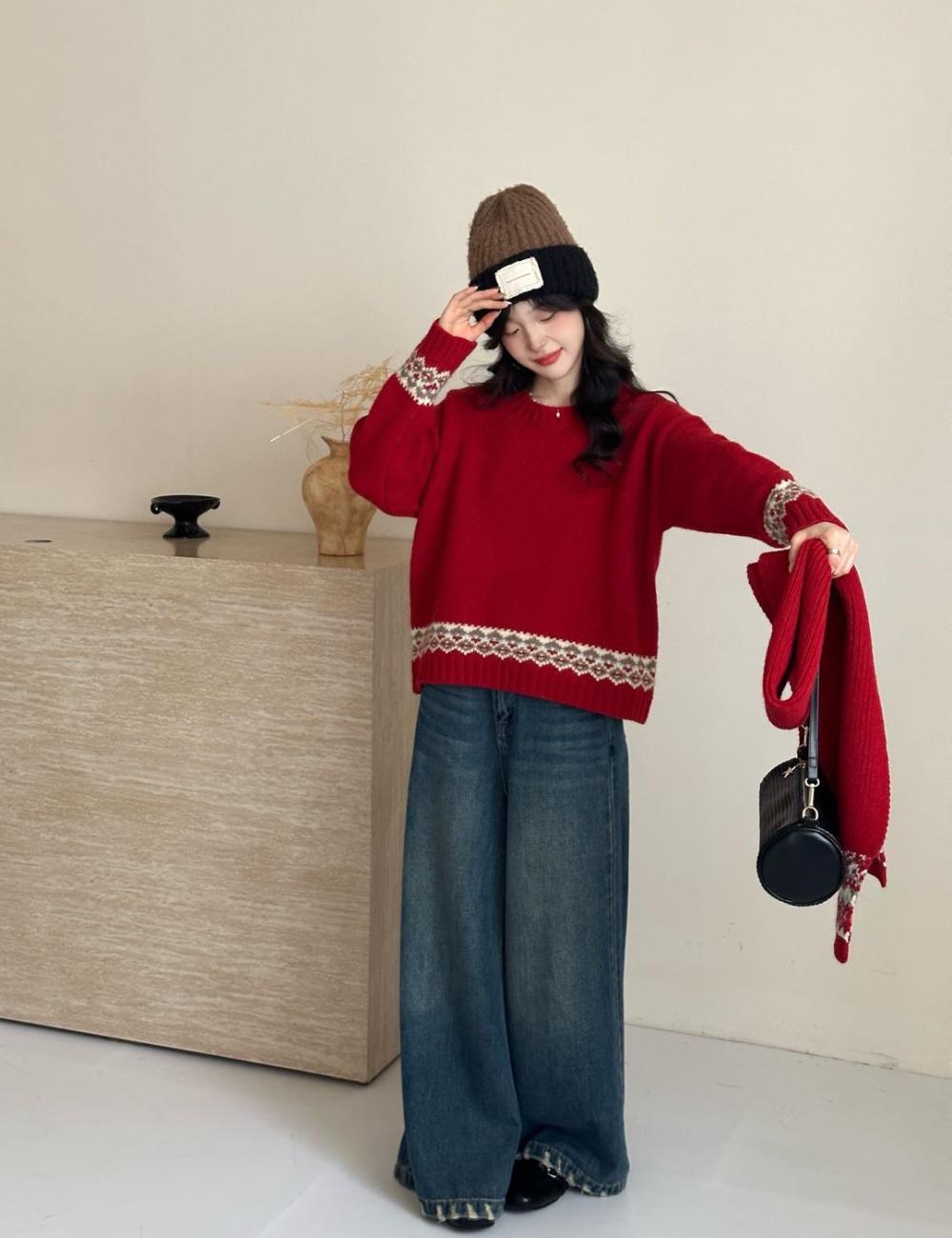 Red christmas scarves round neck retro sweater for women