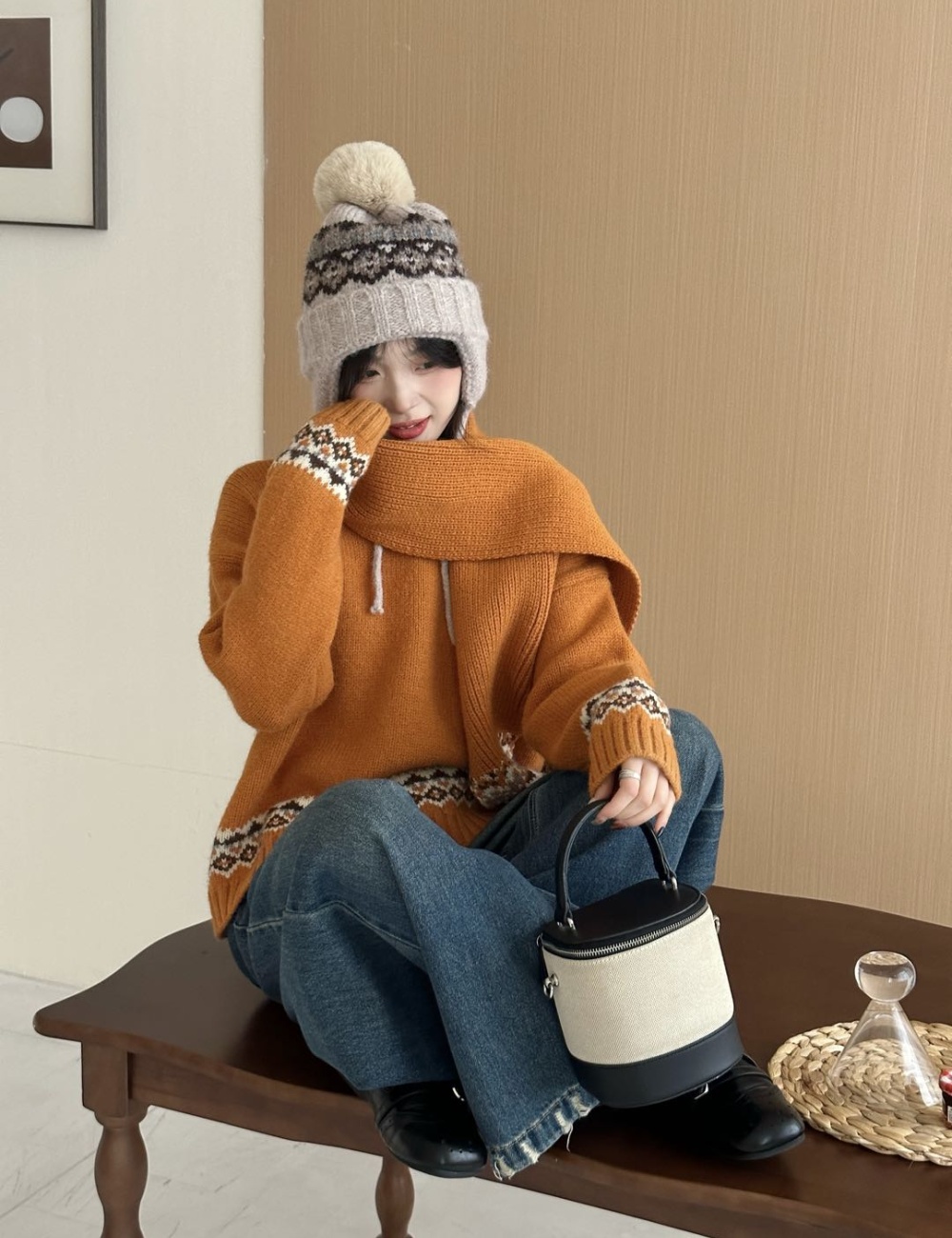 Red christmas scarves round neck retro sweater for women