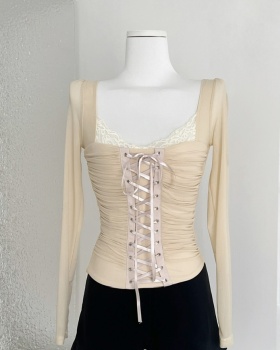 Enticement slim gauze tops sexy lace cross T-shirt