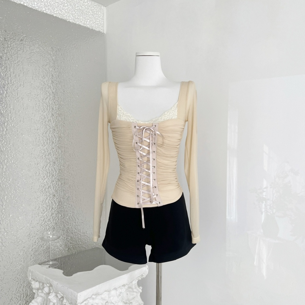 Enticement slim gauze tops sexy lace cross T-shirt