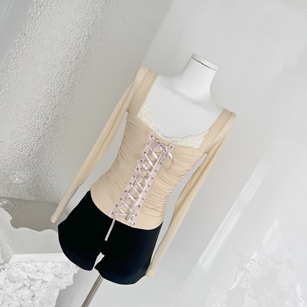 Enticement slim gauze tops sexy lace cross T-shirt