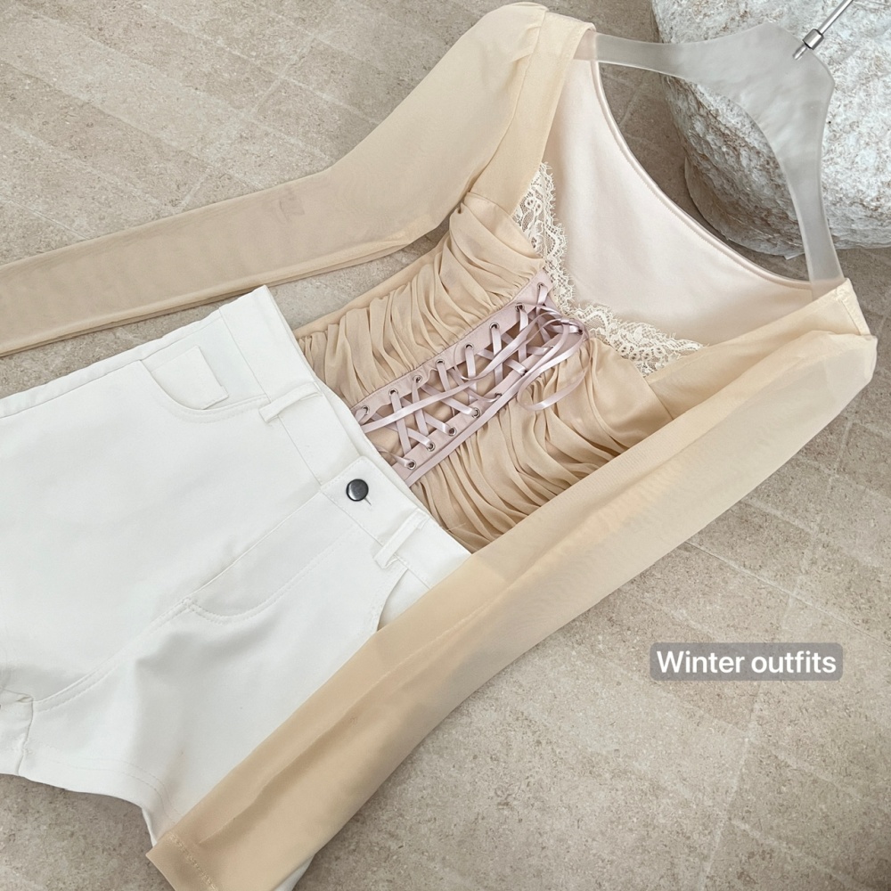 Enticement slim gauze tops sexy lace cross T-shirt