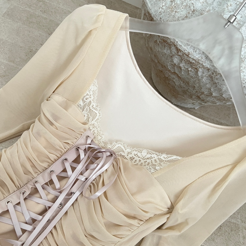 Enticement slim gauze tops sexy lace cross T-shirt