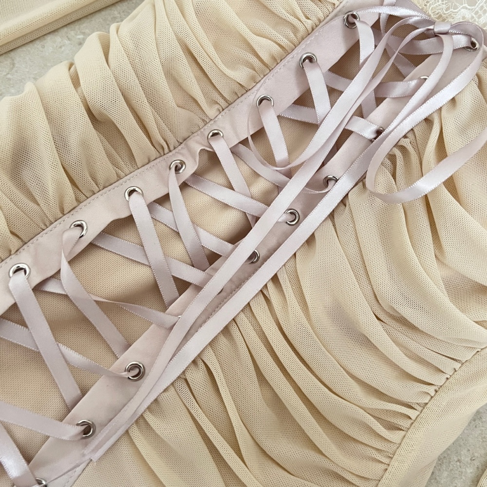 Enticement slim gauze tops sexy lace cross T-shirt