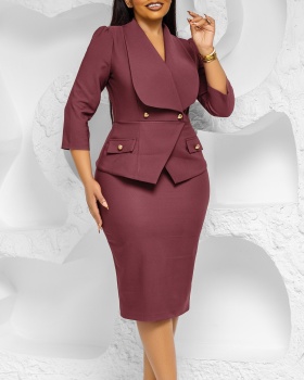 Fashion short sleeve temperament large lapel dress for women