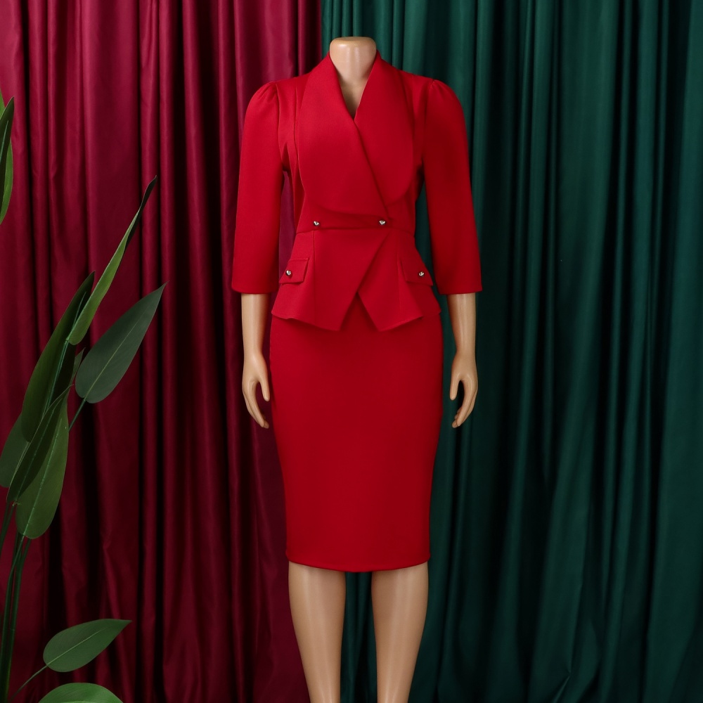 Fashion short sleeve temperament large lapel dress for women