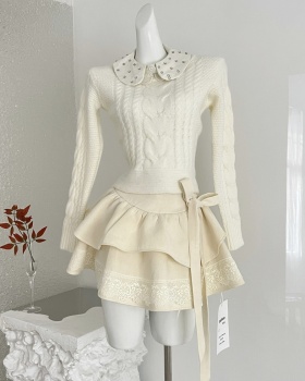 Twist thick and disorderly sweater wool short skirt 2pcs set