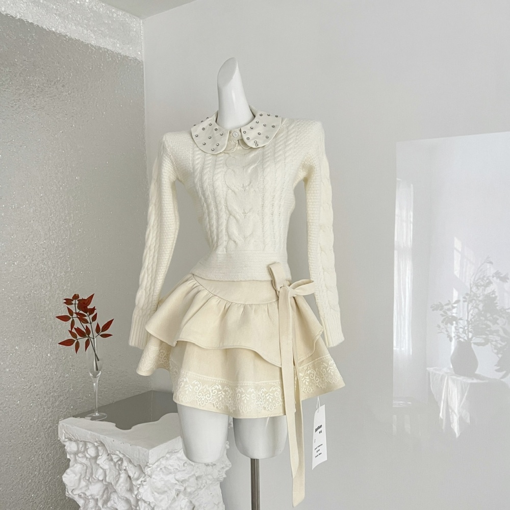 Twist thick and disorderly sweater wool short skirt 2pcs set