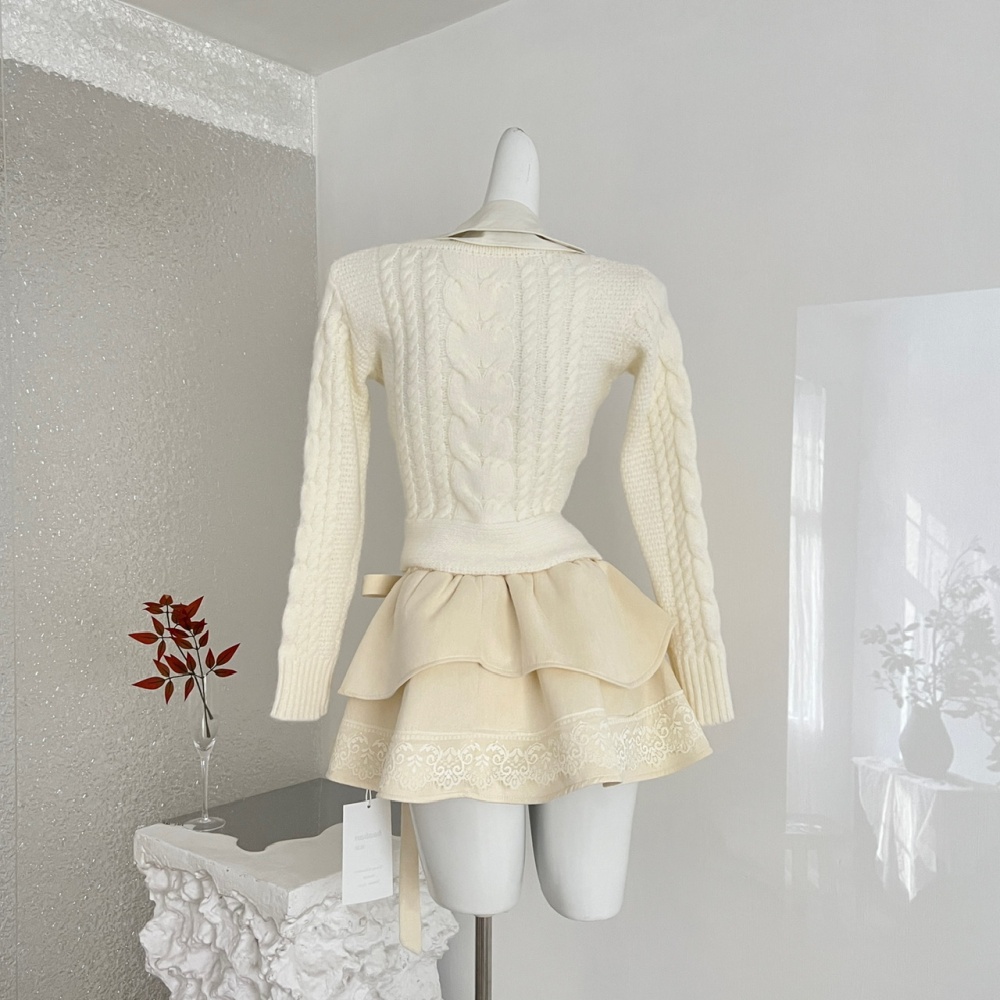 Twist thick and disorderly sweater wool short skirt 2pcs set