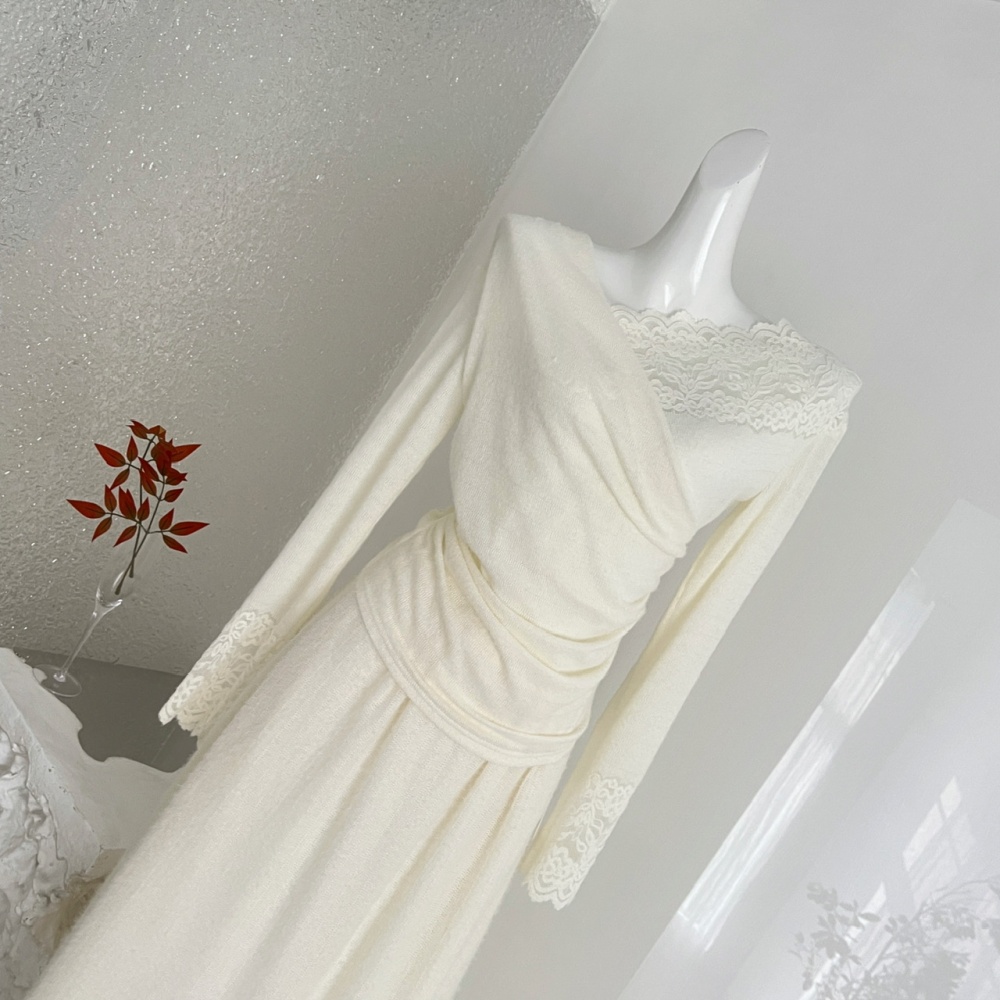 Winter drape long sleeve skirt splice tender tops a set