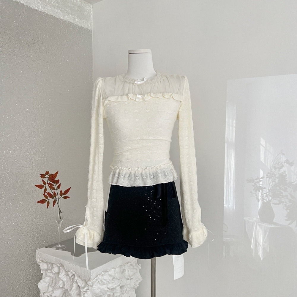 Lace tops court style short skirt 2pcs set for women