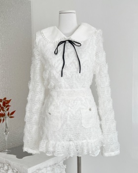 Knitted collar temperament short skirt lace tops a set