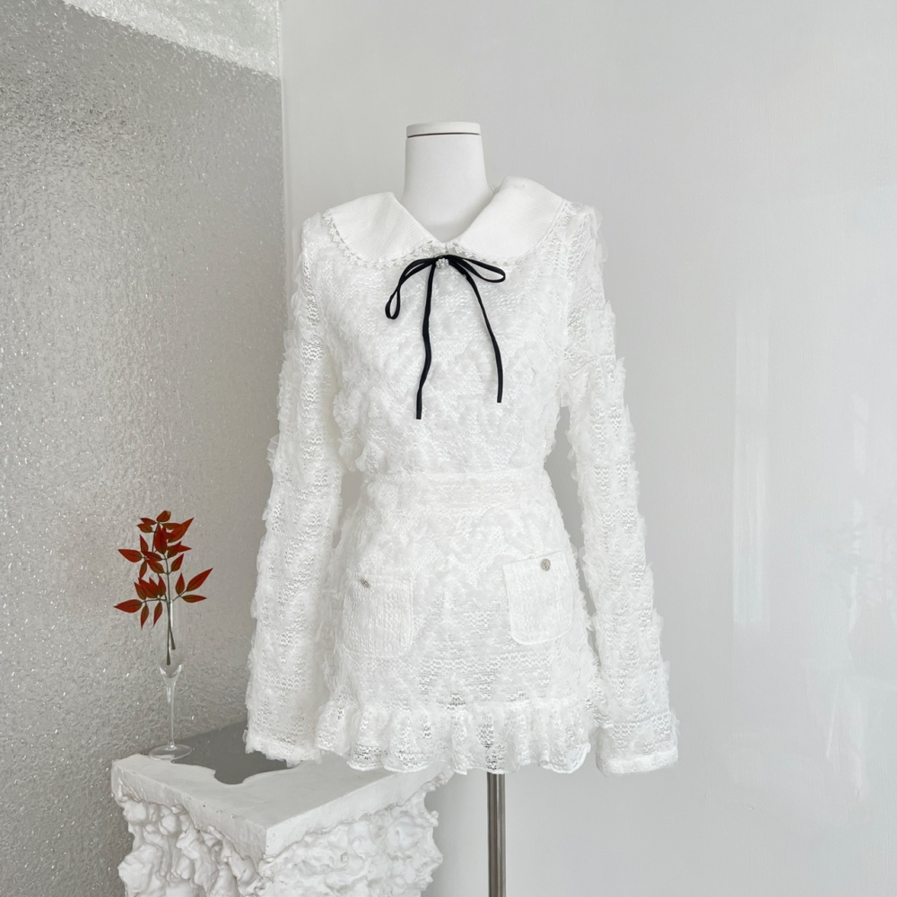 Knitted collar temperament short skirt lace tops a set